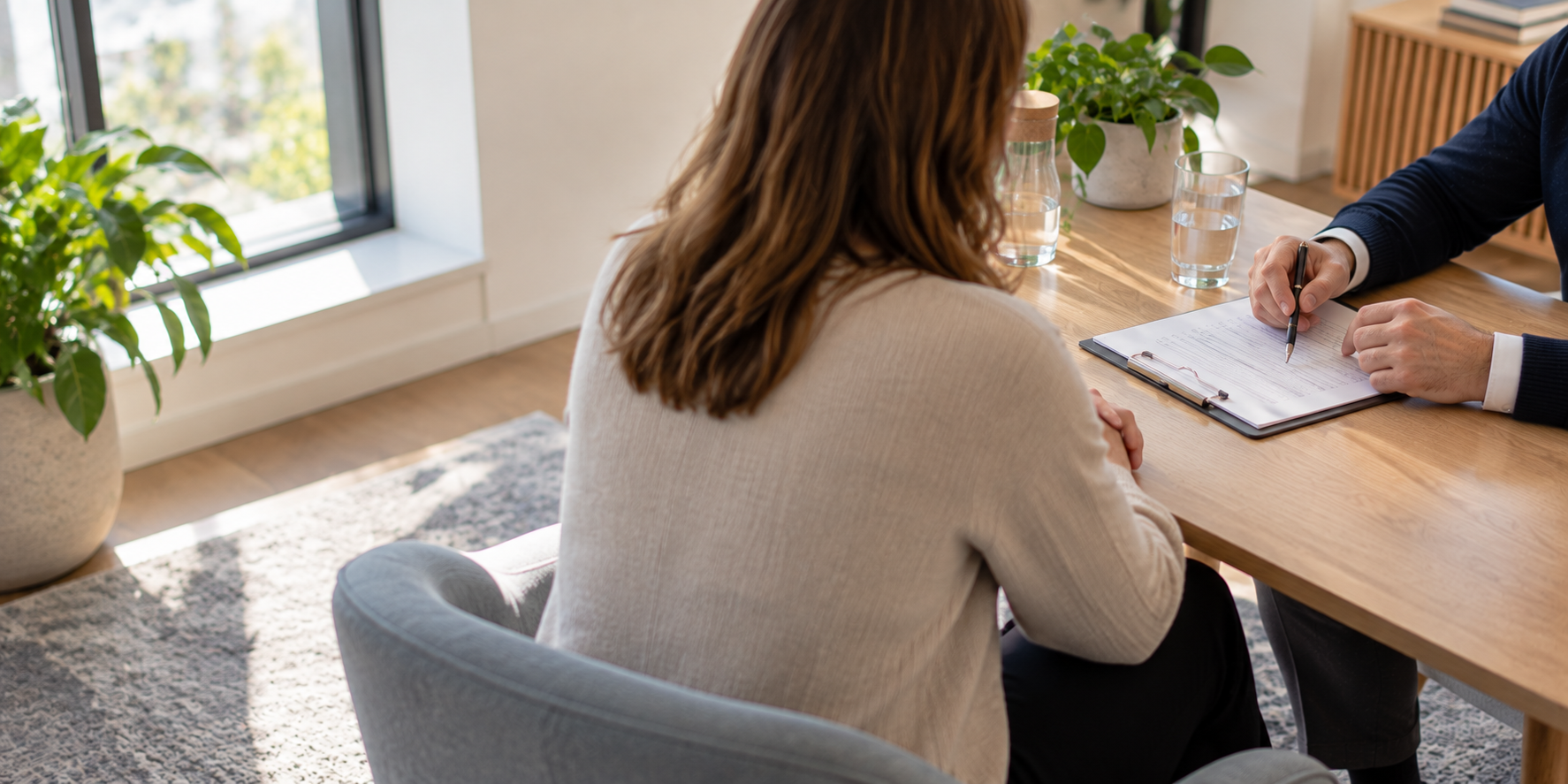 Overleg met een psycholoog aan een houten tafel