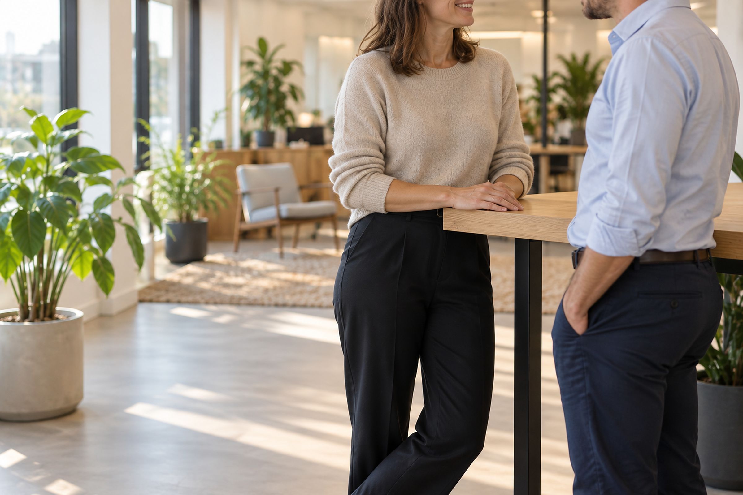 Medewerker in gesprek met haar leidinggevende op de werkvloer